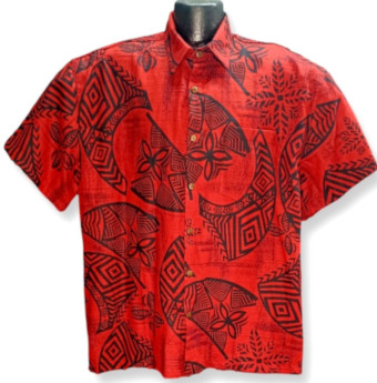 Red Tribal Tattoo bark cloth Hawaiian shirt- Made in USA